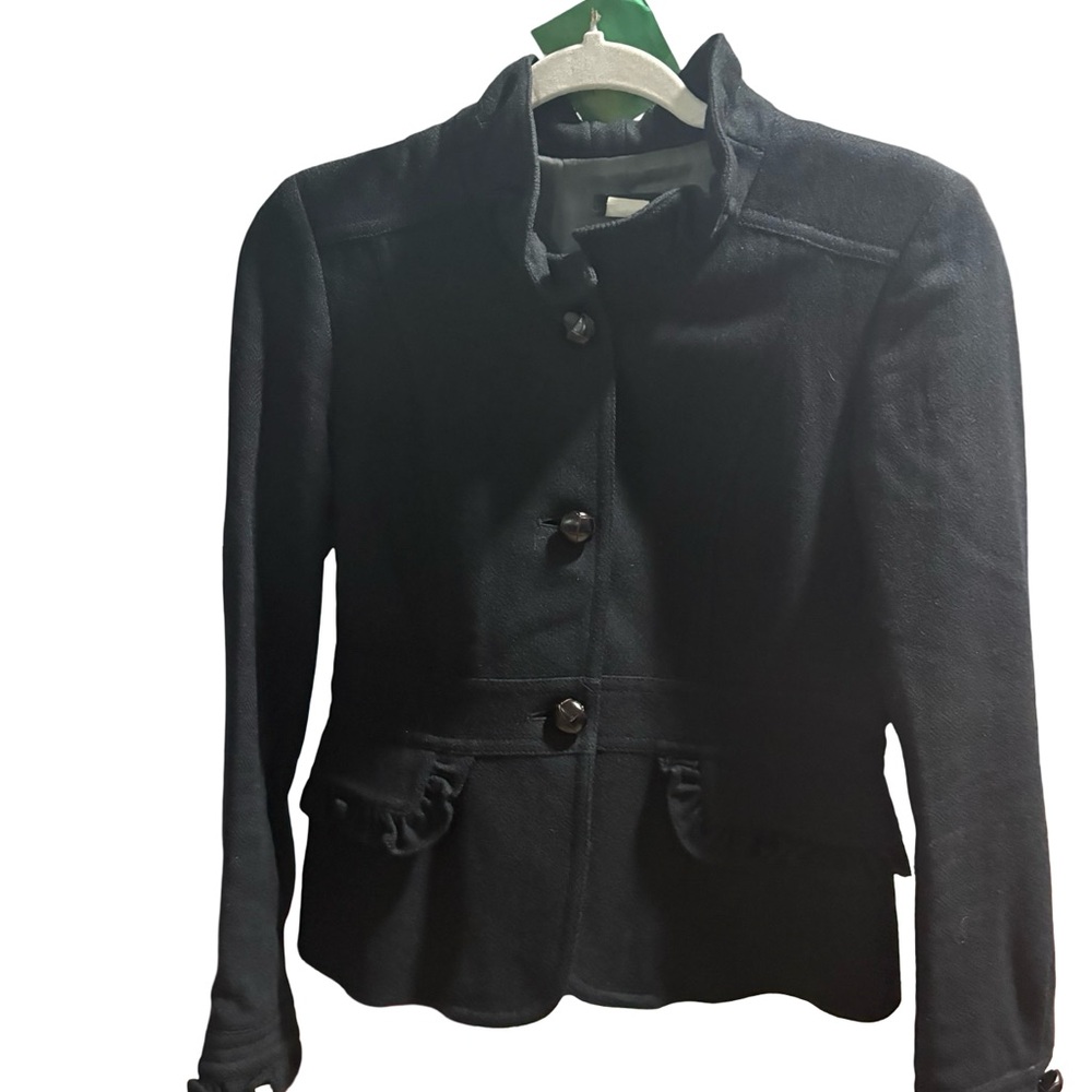 J Crew Black Wool Ruffle Trim High Neck Button Up Jacket